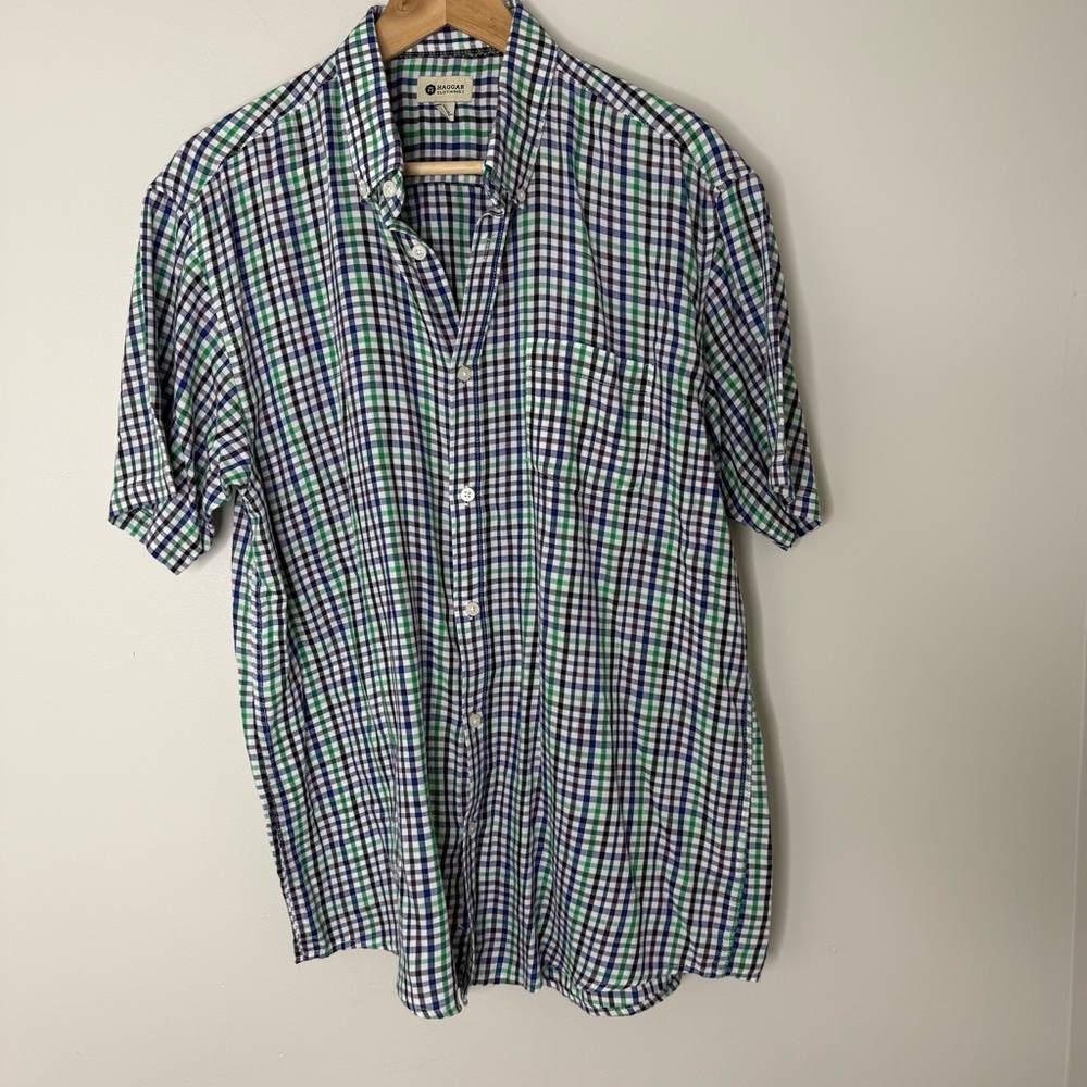 Haggar Clothing Men’s Large Plaid Checkered Black Blue Green Button Up Tee Shirt